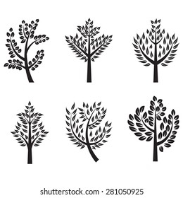 Trees silhouette set with branches for label, logo,tattoo