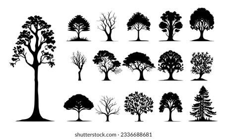 Trees silhouettes nature set vector. collection isolated tree Symbol silhouette style on white background.