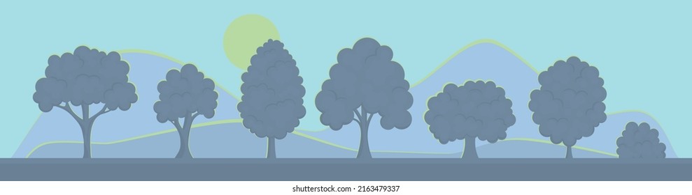 Trees Silhouettes Row Illustration. Collection Of Simple, Flat Plants. Moonlight Background Vector Landscape. Vector Contour.