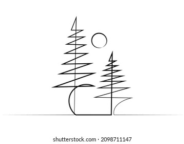 Trees Simple Single Line art, abstract silhouette on white background.  Vector illustration