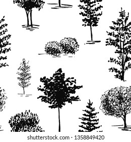 Trees sketch background. Seamless vector pattern. Hand painted black trees on a transparent background