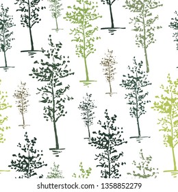 Trees sketch background. Seamless vector pattern. Hand painted green trees on a transparent background