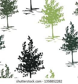 Trees sketch background. Seamless vector pattern. Hand painted green trees on a transparent background
