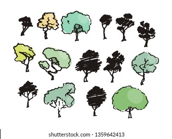 Trees sketch set, cartoon vintage illustration, ink draw engraved style, hand drawn isolates. Vector image
