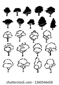 Trees sketch set, cartoon vintage illustration, ink draw engraved style, hand drawn isolates. Vector image