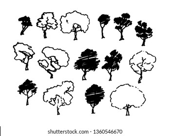 Trees sketch set, cartoon vintage illustration, ink draw engraved style, hand drawn isolates. Vector image