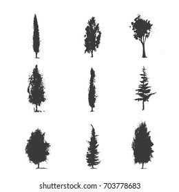 Trees sketch set, hand drawing graphic forest, isolated vector illustration, silhouette elements black and white