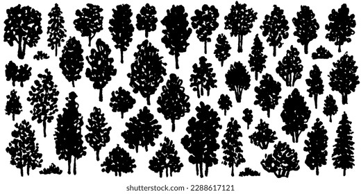 Trees sketch set. Hand drawn graphic forest. Vector illustration of different trees, shrubs and grass isolated on white background