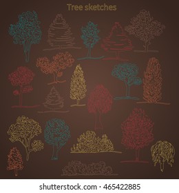 Trees sketch set, vector illustration. Isolated on brown background.