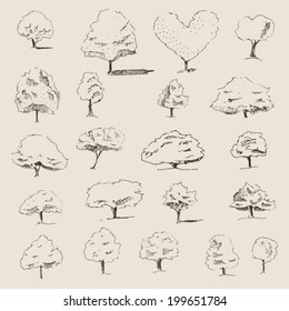 trees sketch set, vintage illustration, engraved retro style, hand drawn