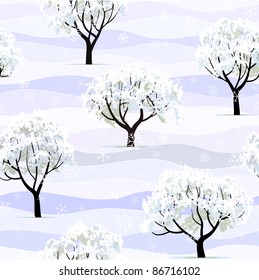 trees in snow in winter garden seamless
