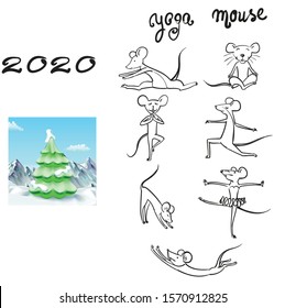 trees snowy winter christmas background, mouse set yoga character icon vector illustration