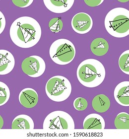 Trees in spots, green dots on purple background, geometric trees, seamless repeat vector pattern