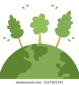 Trees stand on planet earth. Environmental protection. Save the Earth, plants and forests. Preserve the ecology of the planet. Eco friendly. Sustainable living concept. Vector illustration.