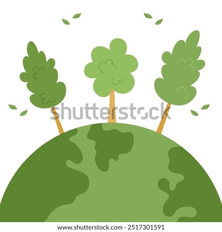 Trees stand on planet earth. Environmental protection. Save the Earth, plants and forests. Preserve the ecology of the planet. Eco friendly. Sustainable living concept. Vector illustration.