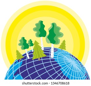 Trees are standing on clean piece of globe on background of sunrise