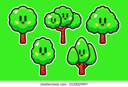 Trees Sticker Cute cartoon with funny kawaii faces. vector illustration set.