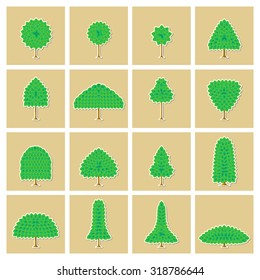Trees Stickers isolated on brown background. Vector illustrations. Collection of different shaped trees. Ecological design. Tree Clip Art