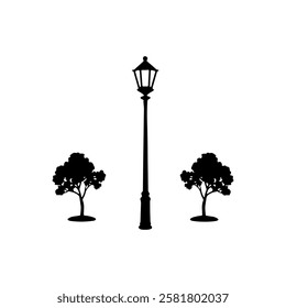 Trees with street lamp silhouette vector flat illustration design on white background.