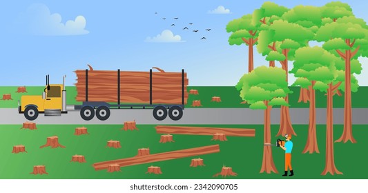 Trees Stump and Deforestation for industry business vector illustration, Wheel-mounted loader, cut trees,  log truck in forest cutting area, worker cutting tree