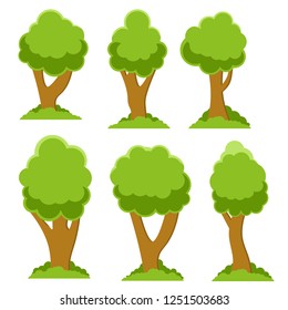 Trees in summer. Set of plants for landscape design. Green crown with barrel. Element of Park, forest and nature with bushes.  Cartoon flat illustration