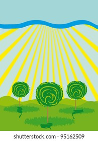 Trees, sun and grass. vector illustration