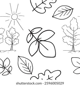 trees sun and leaves vector seamless pattern graphics doodle hand drawn illustration on white background base for textile tableware design and printing