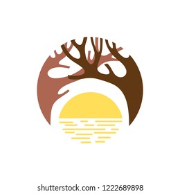 Trees and sun reflection in water landscape. Nature symbol.