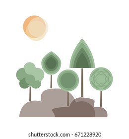 Trees, sun and rocks. Stones. Isolated. White background.