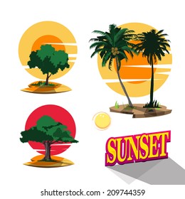 trees with sunset background - vector illustration