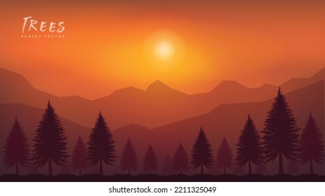 árboles fondo vectorial de la puesta de sol paisaje montañas sol cielo rojo silueta naranja