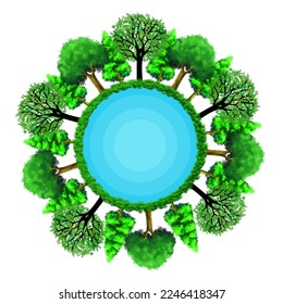 Trees surrounding blue waters.Happy one million trees day.Vector illustration.