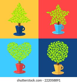 Trees in Tea Cups Icon Illustration Set. Variety of Shapes: New Year Tree, Star, Heart and Circle