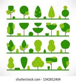 Trees with texture, grass and bushes large set in flat style isolated on white background. Green tree logo. Simple plants icons. Vector illustration. For icons, designs, maps, landscapes, web, apps