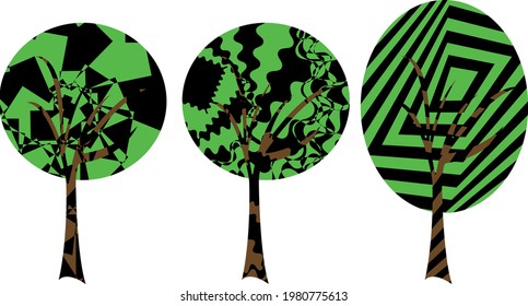trees with thin brown trunks and green tops in op art style on white background modern nature icons
