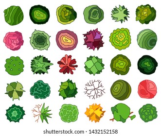 
Trees top view. Different icon of plants and trees for architectural or landscape plan. View from above. Nature green spaces. Vector
