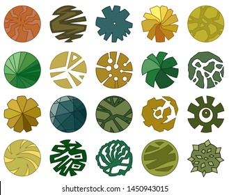 Trees top view. Different icon of plants and trees for architectural or landscape plan. View from above. Nature green spaces. Vector