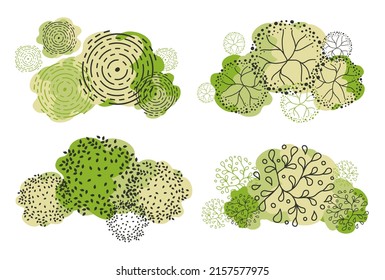Trees top view. Entourage design. Various trees, bushes, and shrubs, top view for the landscape design plan. Vector illustration.