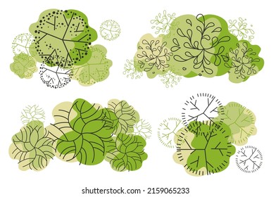 Trees top view. Entourage design. Various trees, bushes, and shrubs, top view for the landscape design plan. Vector illustration.