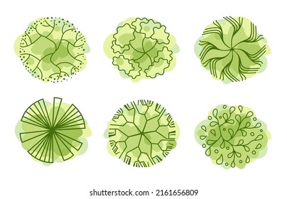 Trees top view. Entourage design. Various trees, bushes, and shrubs, top view for the landscape design plan. Vector illustration.