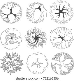 Trees top view for landscape design, vector icon. Architectural plan. 
Top tree watercolor set isolated on white background. Vector watercolor  illustration.  
Treetop symbols black and white