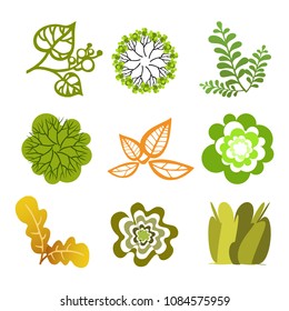 Trees top view.Different trees, plants vector set for architecture or landscape design.Landscaping symbols set isolated on white