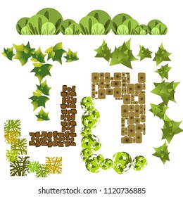 Trees top view.Different trees, plants vector set for architecture or landscape design.Landscaping symbols set isolated on white