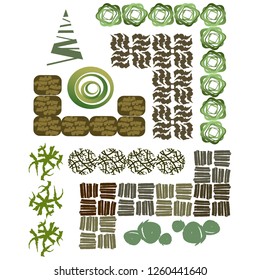 Trees top view.Different trees, plants vector set for architecture or landscape design.Landscaping symbols set isolated on white