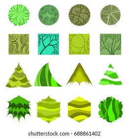 Trees top view.Different trees, plants vector set for architecture or landscape design.Landscaping symbols set isolated on white