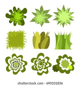 Trees top view.Different trees, plants vector set for architecture or landscape design.Landscaping symbols set isolated on white