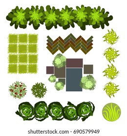 Trees top view.Different trees, plants vector set for architecture or landscape design.Landscaping symbols set isolated on white