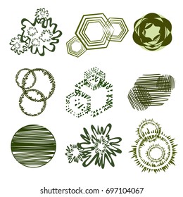 Trees top view.Different trees, plants vector set for architecture or landscape design.Landscaping symbols set isolated on white