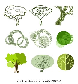 Trees top view.Different trees, plants vector set for architecture or landscape design.Landscaping symbols set isolated on white