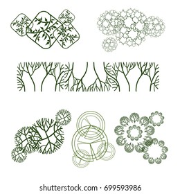 Trees top view.Different trees, plants vector set for architecture or landscape design.Landscaping symbols set isolated on white